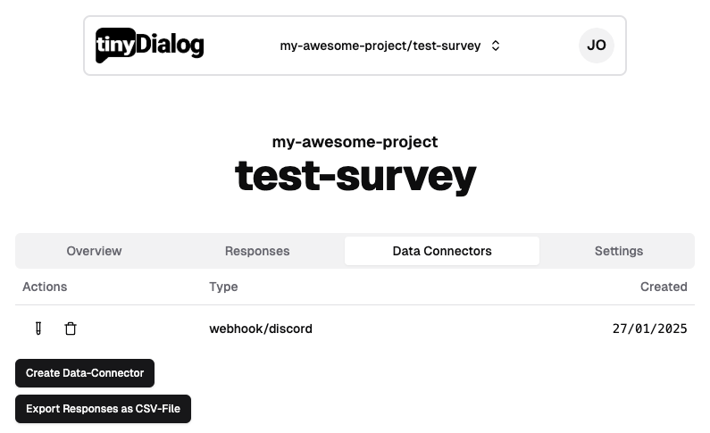 tinydialog data connectors dashboard screenshot